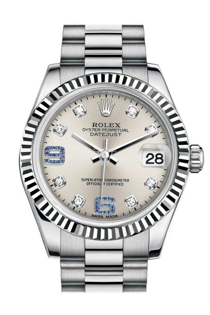 Rolex Datejust 31 Silver Set With Diamonds And Sapphires Dial Fluted Bezel 18K White Gold President
