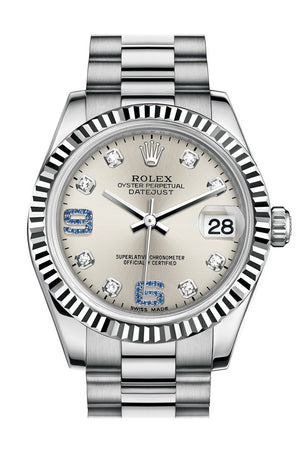 Rolex Datejust 31 Silver Set With Diamonds And Sapphires Dial Fluted Bezel 18K White Gold President