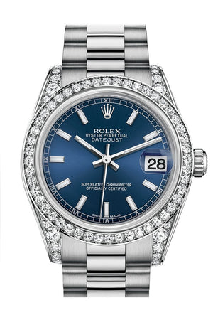Rolex Datejust 31 Blue Dial Diamond Bezel Lug 18K White Gold President Ladies Watch 178159 / None