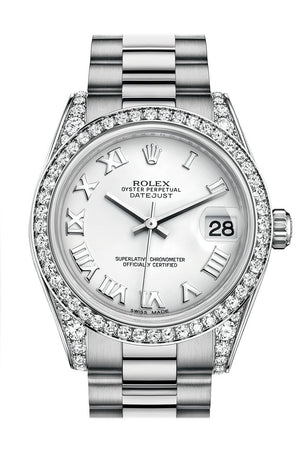 Rolex Datejust 31 White Roman Dial Diamond Bezel Lug 18K Gold President Ladies Watch 178159 / None