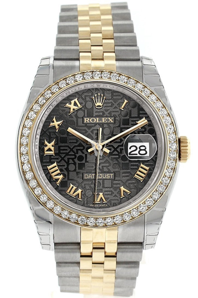 Rolex Datejust 36 Black Jubilee Roman Dial 18K White Gold Diamond Bezel Ladies Watch 116243
