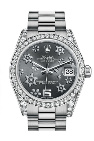 Rolex Datejust 31 Dark Rhodium Raised Floral Motif Dial Diamond Bezel Lug 18K White Gold President