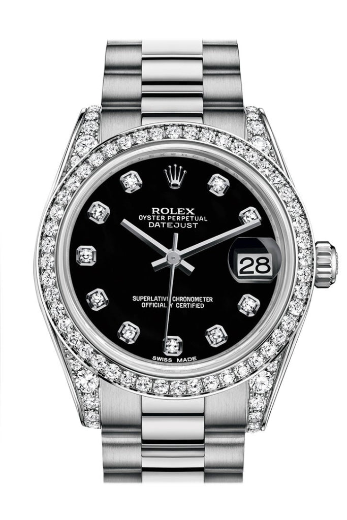 Rolex Datejust 31 Black Diamond Dial Bezel Lug 18K White Gold President Ladies Watch 178159 / None