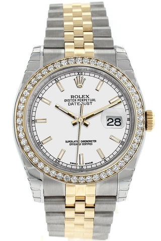 Rolex Datejust 36 White Dial 18K Gold Diamond Bezel Jubilee Ladies Watch 116243