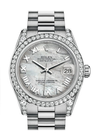 Rolex Datejust 31 White Mother-Of-Pearl Roman Dial Diamond Bezel Lug 18K Gold President Ladies Watch