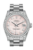 Rolex Datejust 31 Pink Mother-Of-Pearl Romandial Diamond Bezel Lug 18K White Gold President Ladies