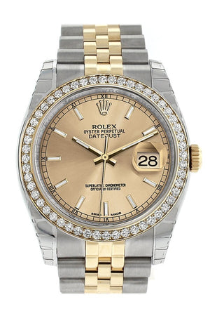 Rolex Datejust 36 Champagne Index Dial 18K White Gold Diamond Bezel Jubilee Ladies Watch 116243