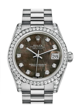 Rolex Datejust 31 Black Mother-Of-Pearl Diamond Dial Bezel Lug 18K White Gold President Ladies Watch