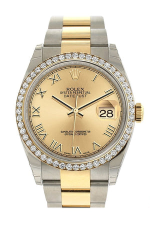 Rolex Datejust 36 Champagne Roman Dial 18K White Gold Diamond Bezel Ladies Watch 116243