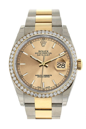 Rolex Datejust 36 Champagne Dial 18K Gold Diamond Bezel Ladies Watch 116243