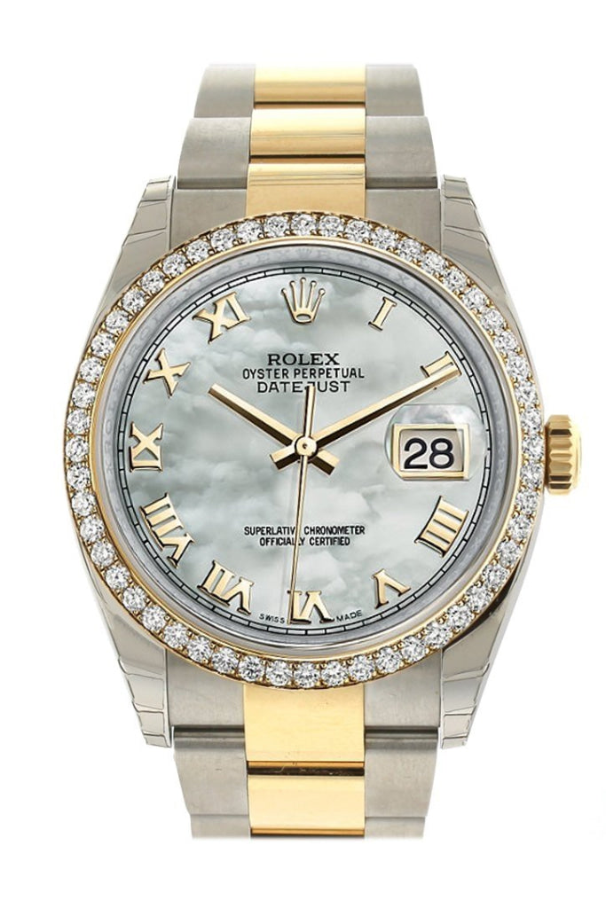 Rolex Datejust 36 White Mother-Of-Pearl Dial 18K Gold Diamond Bezel Ladies Watch 116243