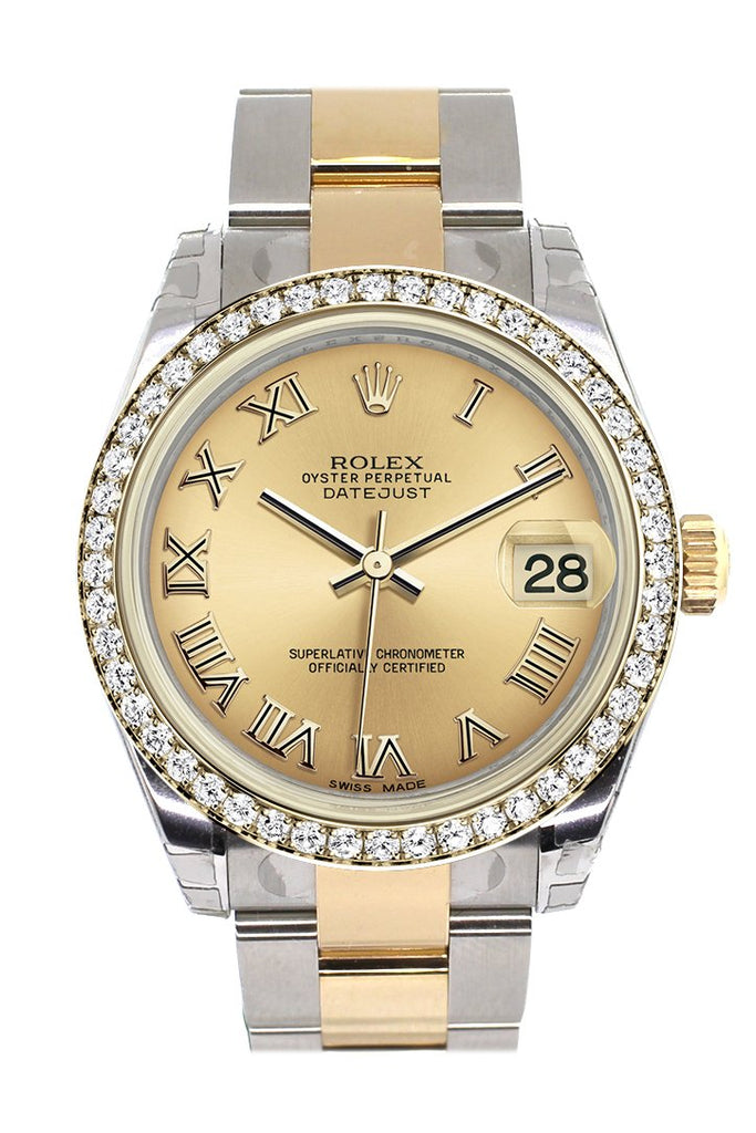 Rolex Datejust 31 Champagne Roman Dial Diamond Bezel Yellow Gold Two Tone Watch 178383