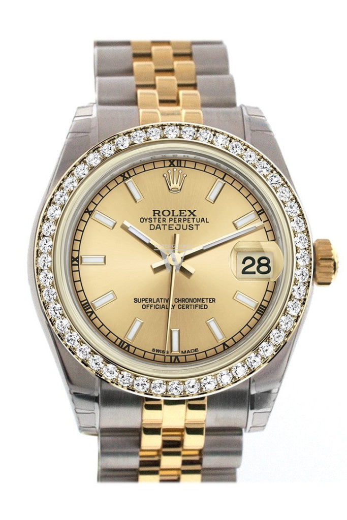 ROLEX 178383 Datejust 31 Champagne Dial Diamond Bezel 18k Yellow Gold ...