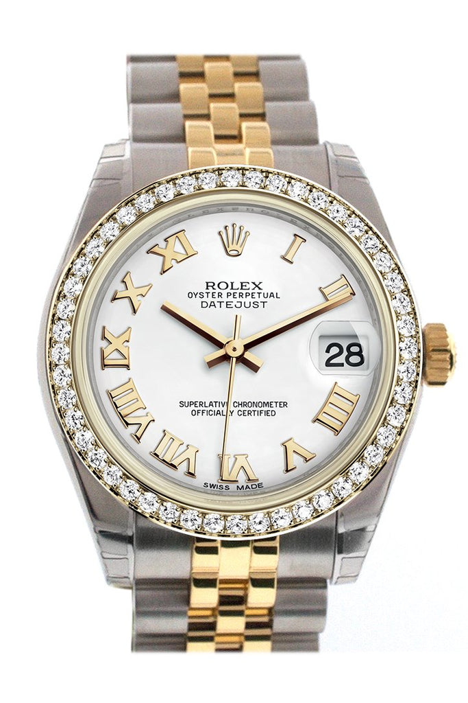 Rolex Datejust 31 White Roman Dial Diamond Bezel Jubilee Yellow Gold Two Tone Watch 178383