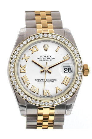 Rolex Datejust 31 White Roman Dial Diamond Bezel Jubilee Yellow Gold Two Tone Watch 178383