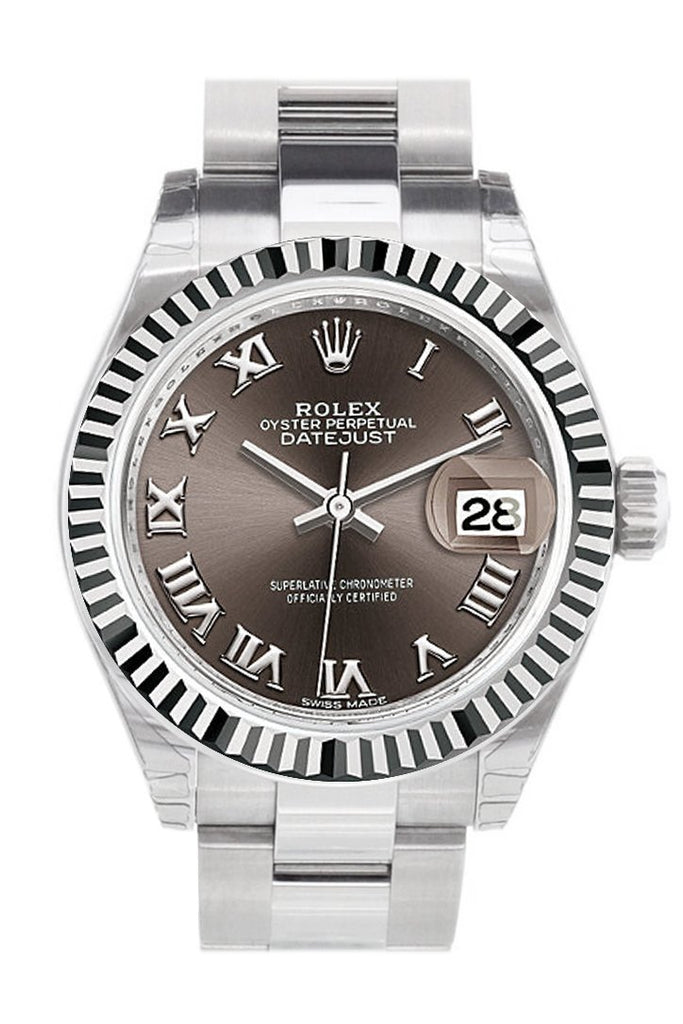 Rolex Datejust 28 Dark Grey Roman Dial Fluted Bezel Steel Ladies Watch 279174