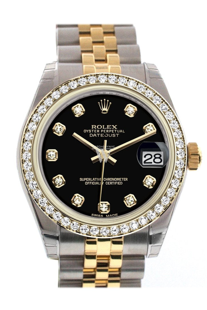 ROLEX 178383 Datejust 31 Black Diamond Dial Diamond Bezel 18k Yellow ...