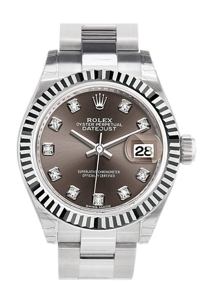 Rolex Datejust 28 Dark Grey Diamonds Dial Fluted Bezel Steel Ladies Watch 279174