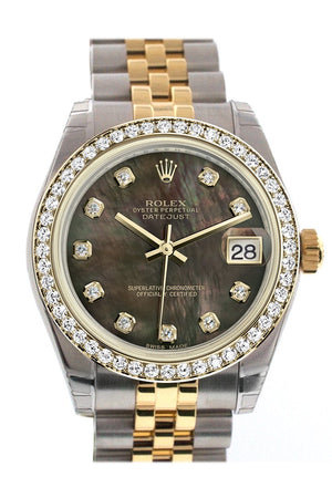 Rolex Datejust 31 Black Mother-Of-Pearl Diamond Dial Bezel Jubilee Yellow Gold Two Tone Watch 178383