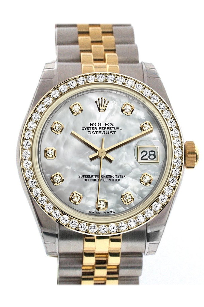 Rolex Datejust 31 White Mother-Of-Pearl Diamond Dial Bezel Jubilee Yellow Gold Two Tone Watch 178383