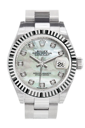 Rolex Datejust 28 Pearl Set With Diamonds Dial Fluted Bezel Steel Ladies Watch 279174