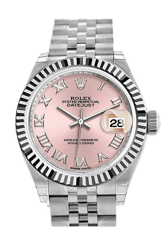 Rolex Datejust 28 Pink Roman Dial Fluted Bezel Steel Jubilee Ladies Watch 279174