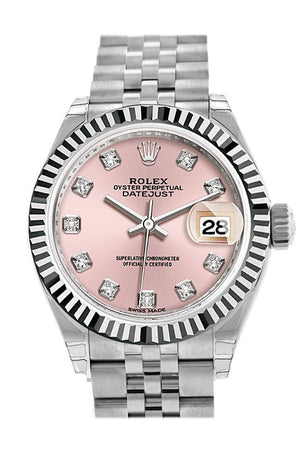 Rolex Datejust 28 Pink Set With Diamonds Dial Fluted Bezel Steel Jubilee Ladies Watch 279174