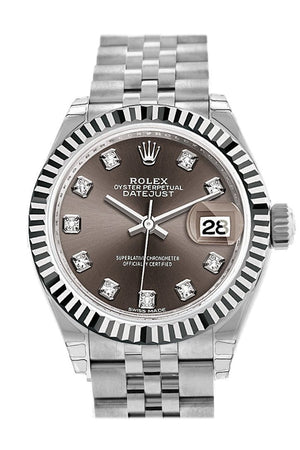 Rolex Datejust 28 Dark Grey Set With Diamonds Dial Fluted Bezel Steel Jubilee Ladies Watch 279174