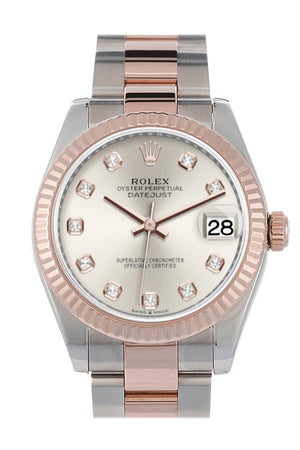 Rolex Datejust 31 Silver Diamond Dial Fluted Bezel 18K Everose Gold Two Tone Watch 278271