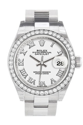 Rolex Datejust 28 White Roman Dial Diamond Bezel Steel Ladies Watch 279384Rbr