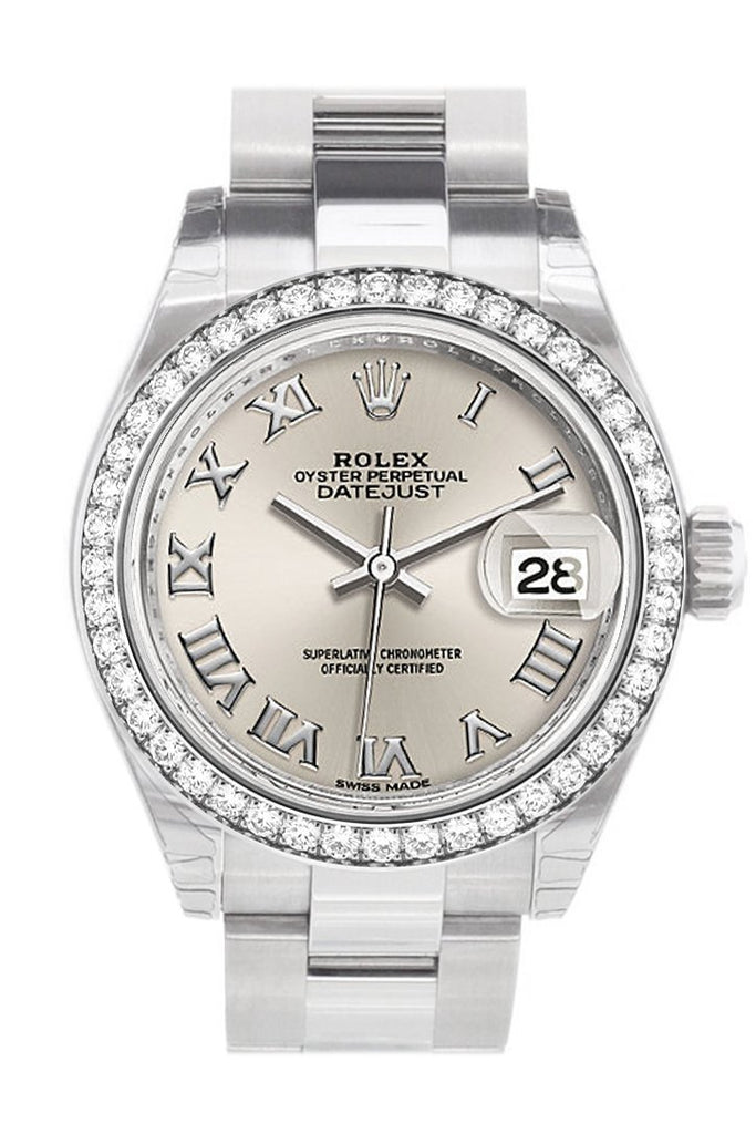 Rolex Datejust 28 Silver Roman Dial Diamond Bezel Steel Ladies Watch 279384Rbr