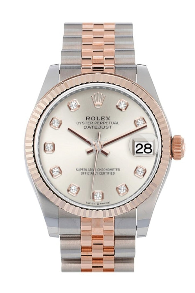 Rolex Datejust 31 Silver Diamond Dial Fluted Bezel 18K Everose Gold Two Tone Jubilee Watch 278271