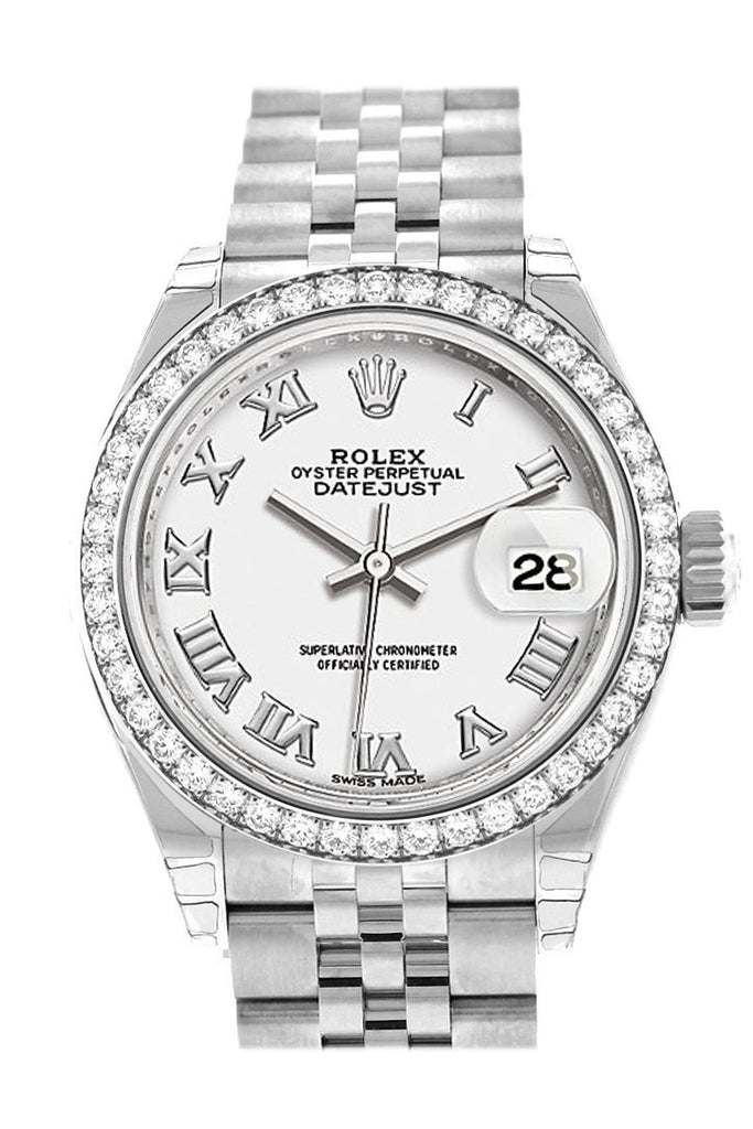 Rolex Datejust 28 White Roman Dial Diamond Bezel Steel Jubilee Ladies Watch 279384Rbr