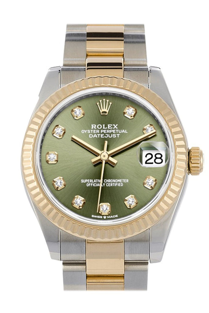 Rolex Datejust 31 Olive Green Diamond Dial Fluted Bezel 18K Yellow Gold Two Tone Watch 278273
