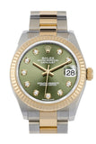 Rolex Datejust 31 Olive Green Diamond Dial Fluted Bezel 18K Yellow Gold Two Tone Watch 278273