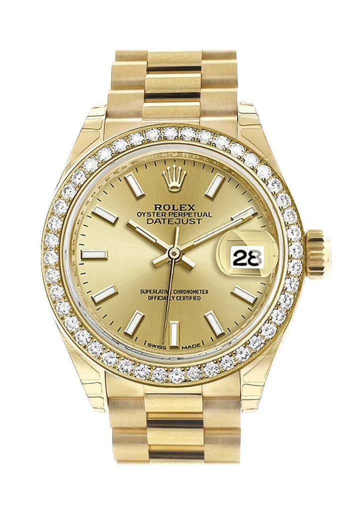 Rolex Datejust 28 Champagne Dial Diamond Bezel President Ladies Watch 279138Rbr