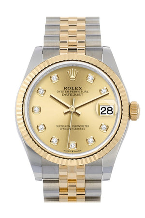 Rolex Datejust 31 Champagne Diamond Dial Fluted Bezel 18K Yellow Gold Two Tone Jubilee Watch 278273