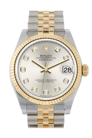 Rolex Datejust 31 Silver Diamond Dial Fluted Bezel 18K Yellow Gold Two Tone Jubilee Watch 278273