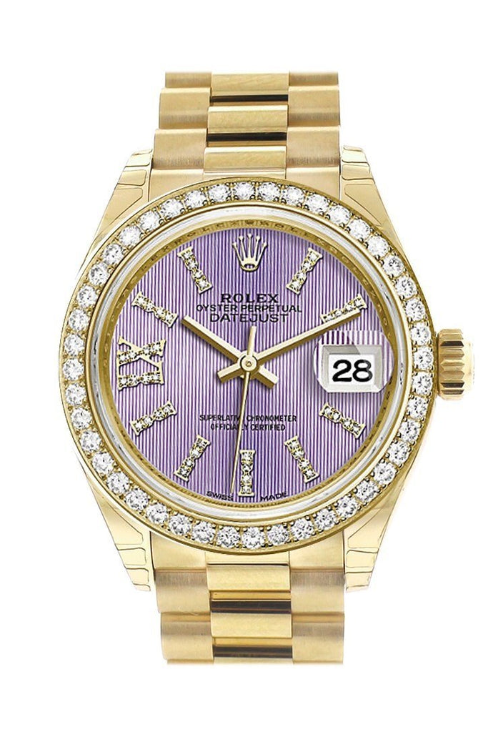 Rolex Datejust 28 Lilac Large Roman Diamonds Dial Dia Diamond Bezel President Ladies Watch 279138Rbr