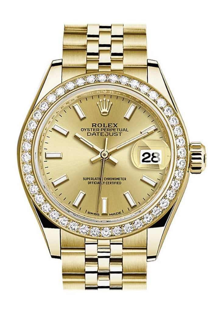 ROLEX 279138RBR Datejust 28 Champagne Roman Dial Diamond Bezel Jubilee Ladies Watch WatchGuyNYC