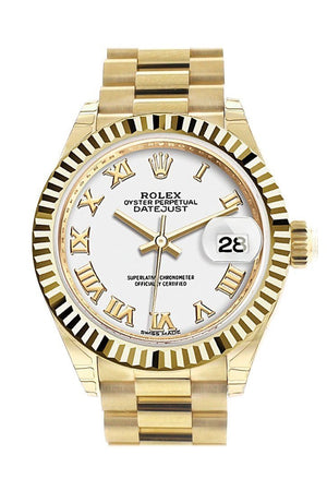 Rolex Datejust 28 White Roman Dial Fluted Bezel President Ladies Watch 279178