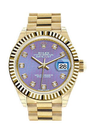Rolex Datejust 28 Lavendar Diamond Dial Fluted Bezel President Ladies Watch 279178