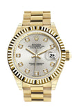 Rolex Datejust 28 Silver Diamond Dial Fluted Bezel President Ladies Watch 279178
