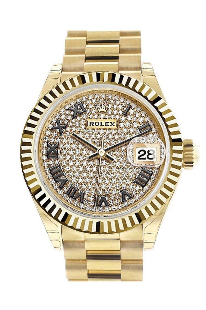 Rolex Datejust 28 Diamond Paved Roman Dial Fluted Bezel President Ladies Watch 279178