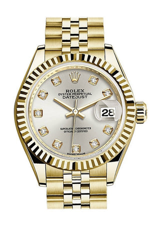 Rolex Datejust 28 Silver Diamond Dial Fluted Bezel Jubilee Ladies Watch 279178 / None