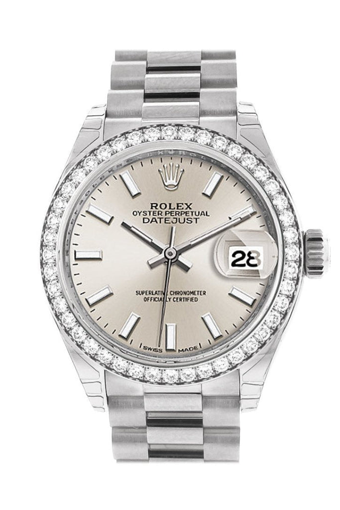 Rolex Datejust 28 Silver Dial Diamond Bezel President Ladies Watch 279136Rbr