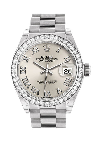 Rolex Datejust 28 Silver Roman Dial Diamond Bezel President Ladies Watch 279136Rbr