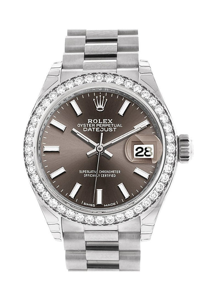 Rolex Datejust 28 Dark Grey Dial Diamond Bezel President Ladies Watch 279136Rbr