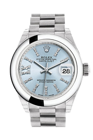 Rolex Datejust 28 Ice Blue Diamond Set In Roman Dial Dome Bezel President Ladies Watch 279166