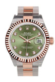 Rolex Datejust 28 Olive Green Diamond Fluted Bezel Dial Oyster Ladies Watch 279171